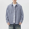 Mens blue grid plaid cotton long sleeve shirt loose fit cardigan coat