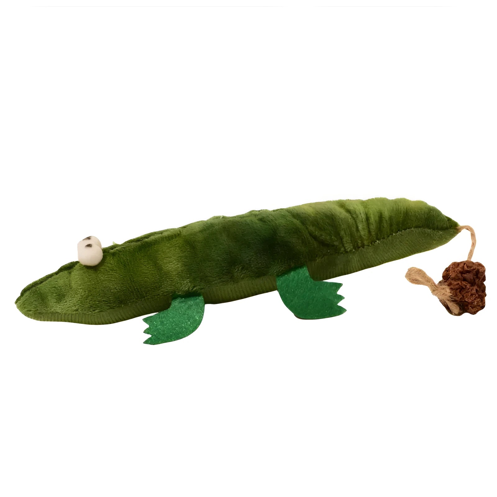 Green plush alligator-shaped cat toy with catnip and peppermint scent.