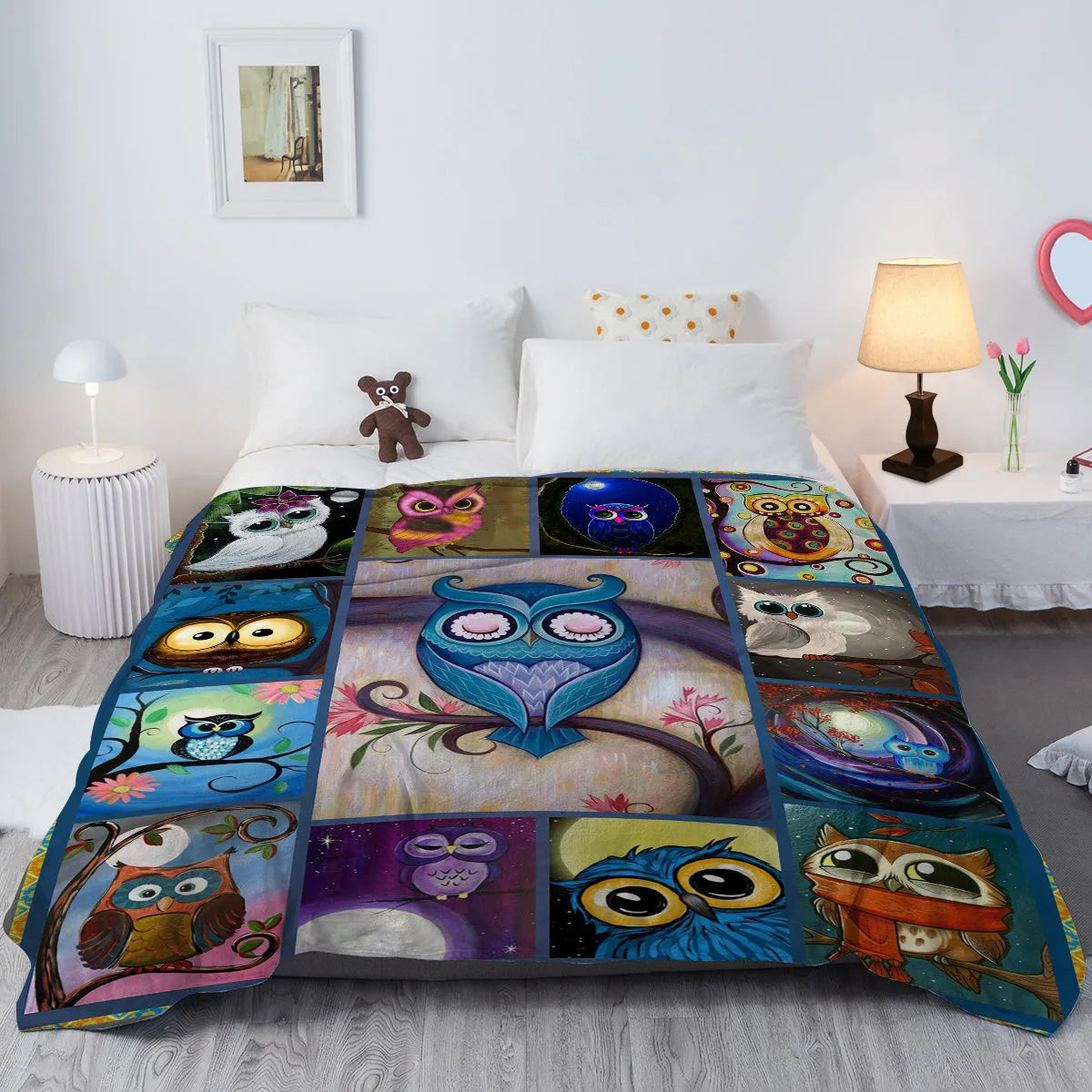 Soft flannel owl pattern blanket in multicolour, available in 75x100cm, 130x150cm, 150x200cm sizes