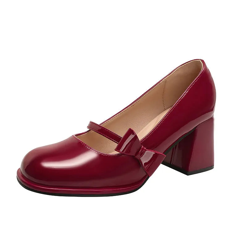 Chunky heel round toe Mary Jane shoes in patent leather, 7cm heel, available in multiple colours and sizes 30-45.