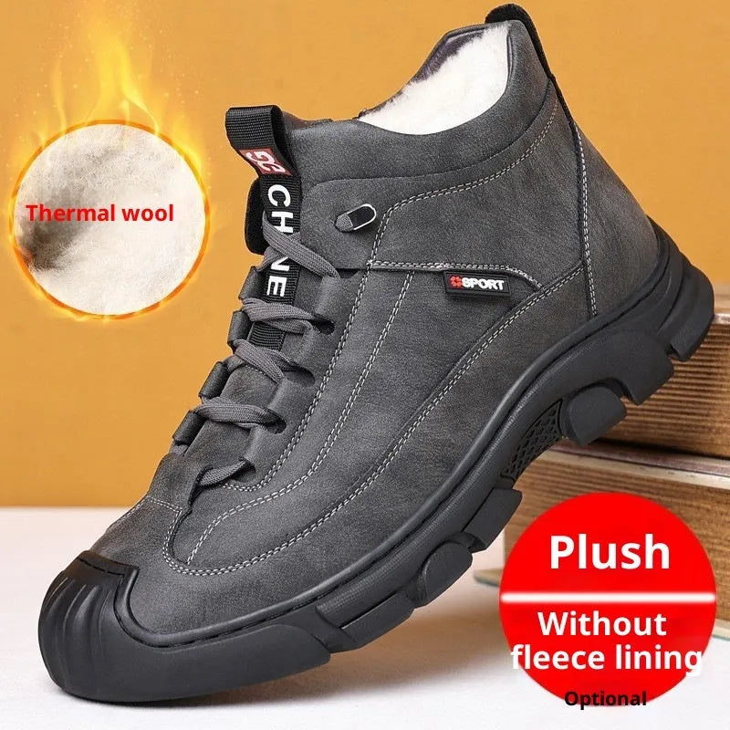 Men's winter snow boots with cowhide upper, wool cashmere lining, non-slip rubber sole, chunky heel, black plus velvet colour