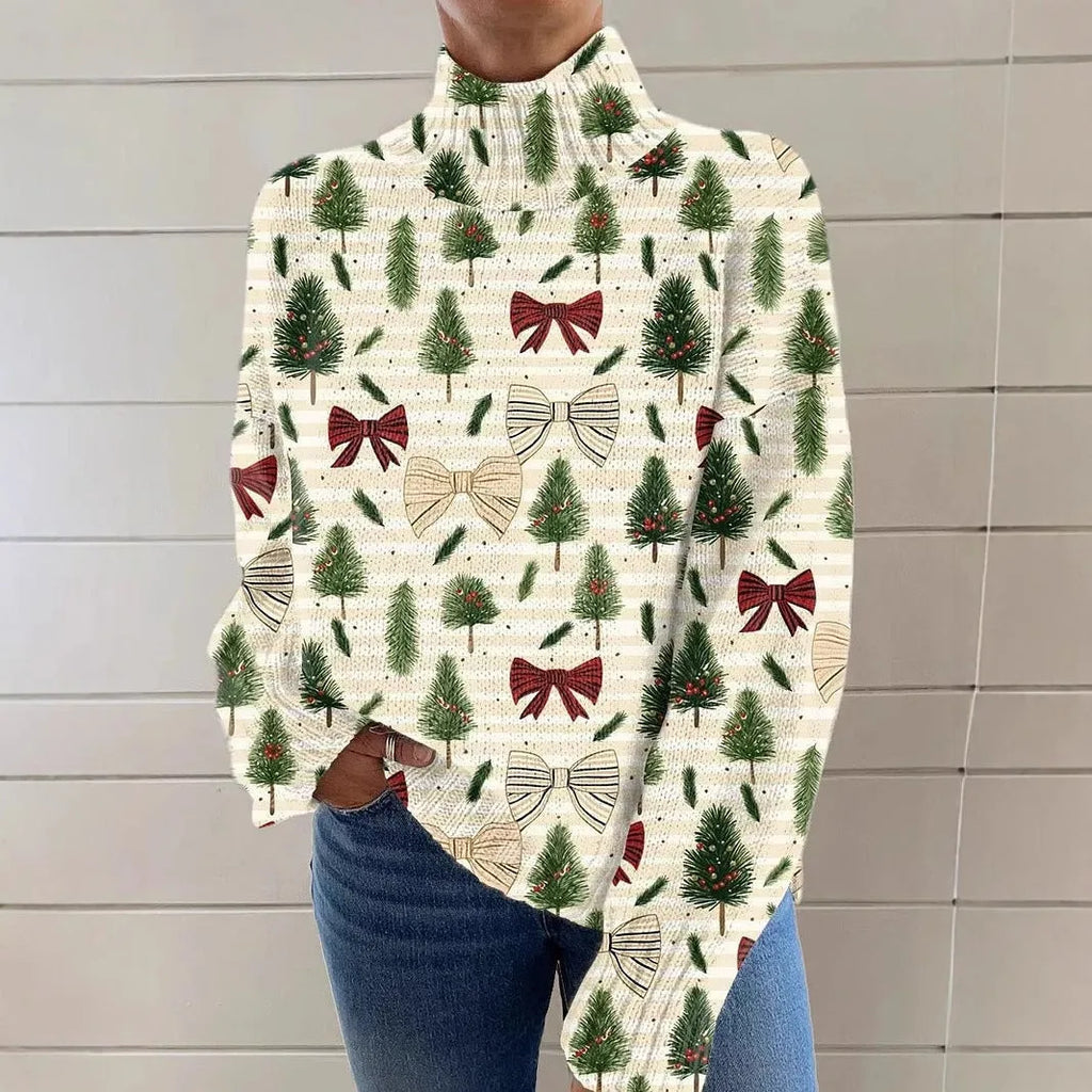 A woman wearing a loose-fit, macaron-coloured Christmas printed turtleneck sweater with long sleeves.