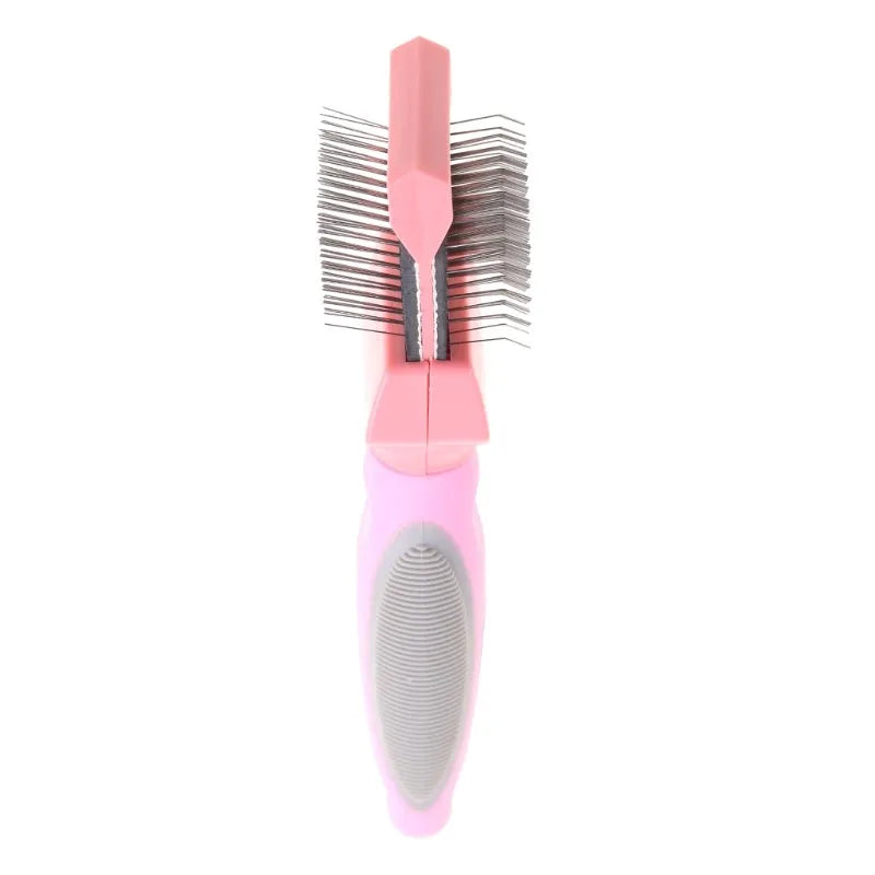 Double-sided stainless steel pet brush for dogs and cats in blue or pink with ergonomic handle