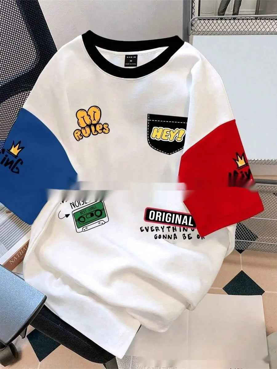 Men's loose fit casual T-shirt with a digitally printed letter pattern on the front.