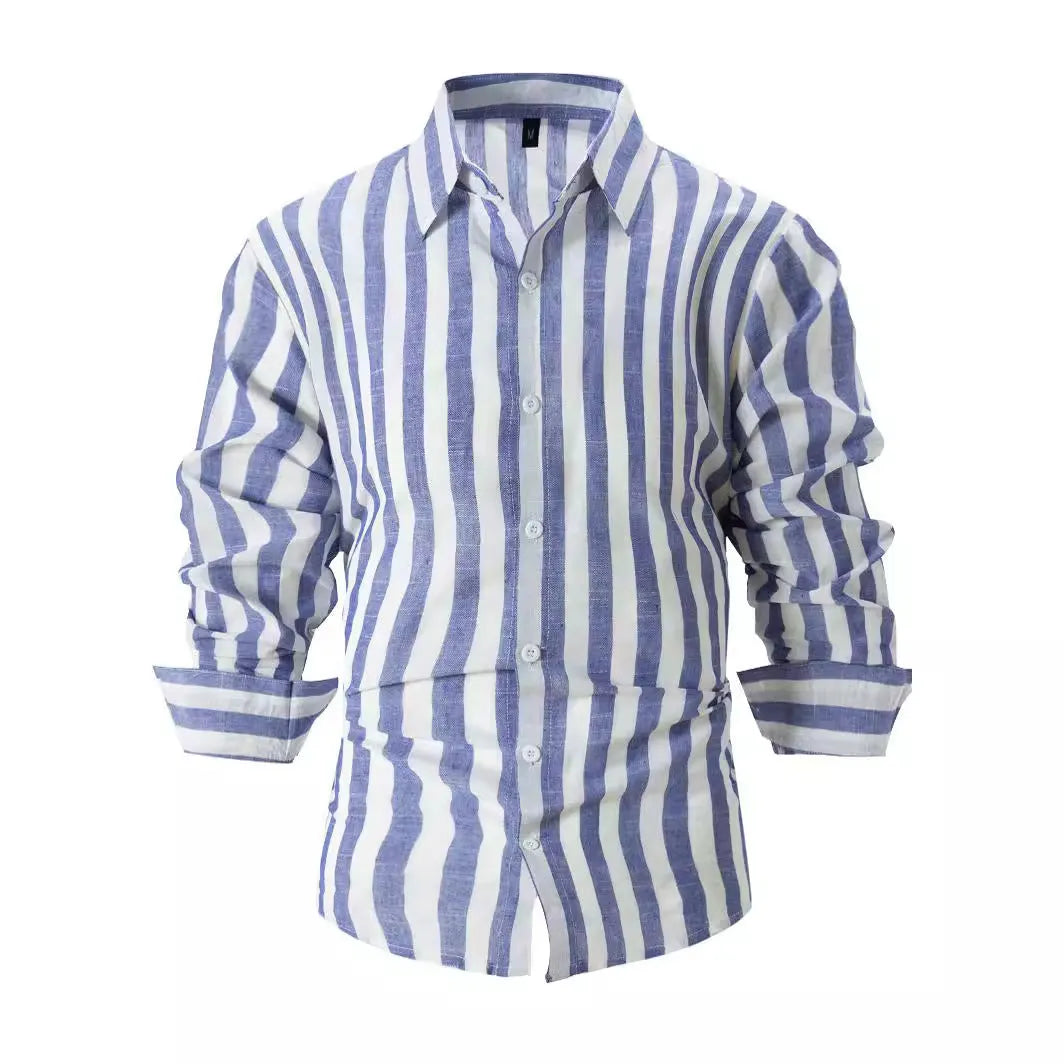 Men's striped loose long-sleeved shirt in British cardigan style with yarn-dyed pattern