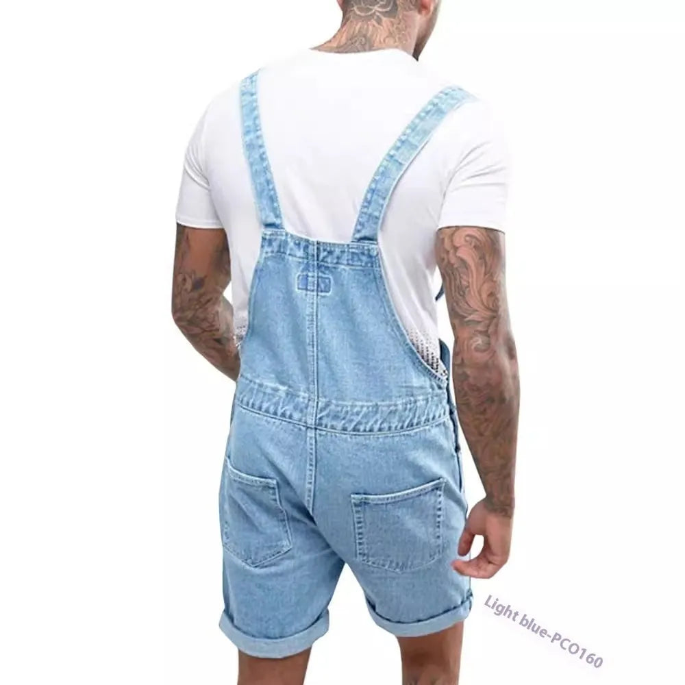 Mid-waist denim suspender shorts with elastic fabric and zipper fly in three colour options