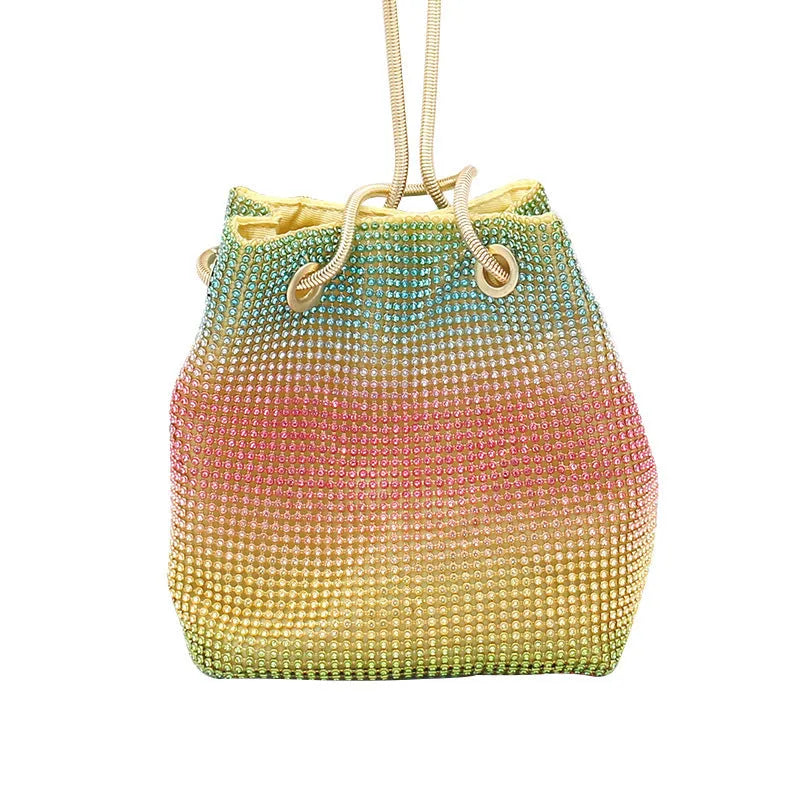 Soft rainbow rhinestone bucket bag with adjustable strap, shown in multicoloured sparkle.
