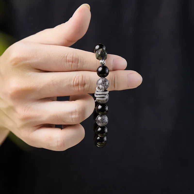 Men's black snake zodiac bracelet in S925 sterling silver with obsidian crystal elements, retro style 10mm jewellery