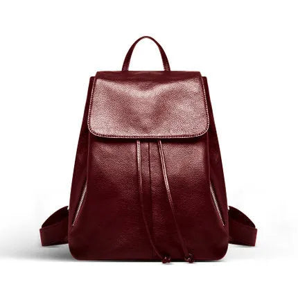 Black Korean-style genuine leather women's backpack with multiple interior compartments and street fashion design