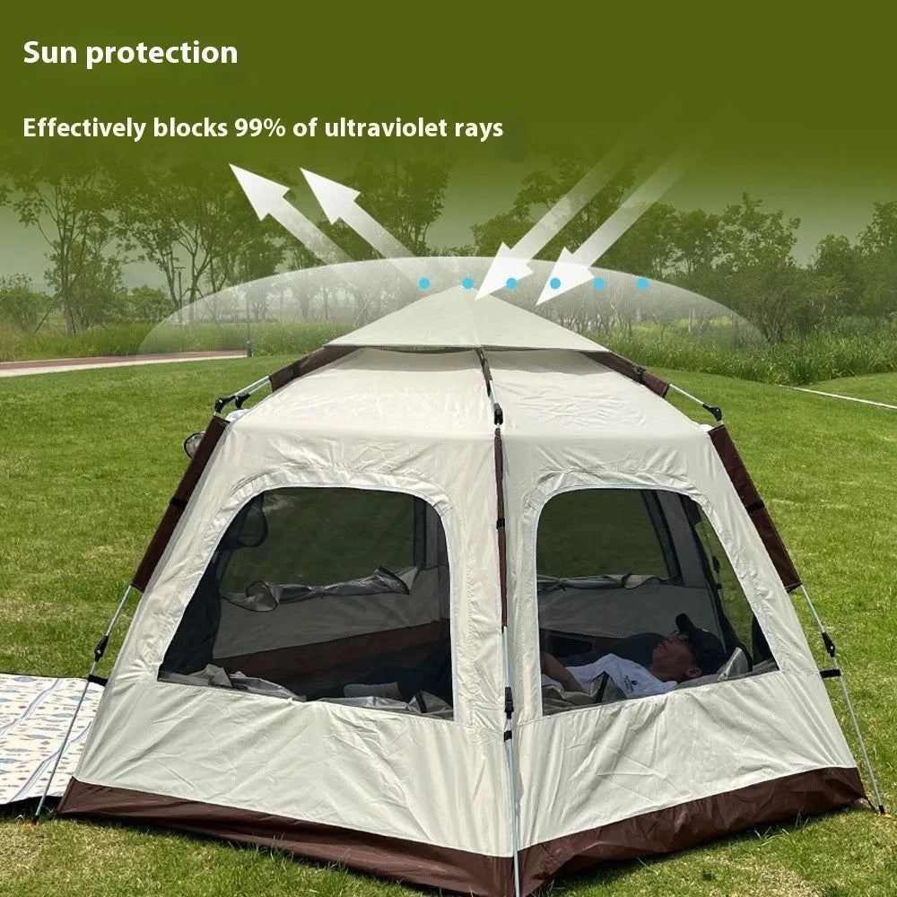 Beige outdoor camping tent, large hexagonal automatic tent 280x240x155cm, windproof waterproof anti mosquito