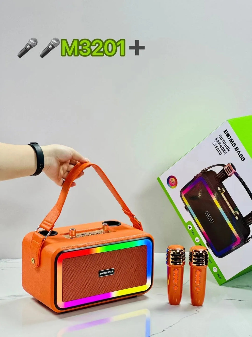 M3201 portable Bluetooth speaker with two microphones for karaoke, available in black colour, front view