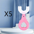 Children's U-shaped food grade soft rubber toothbrush in pink and blue colours for ages 2-6 and 6-12 years