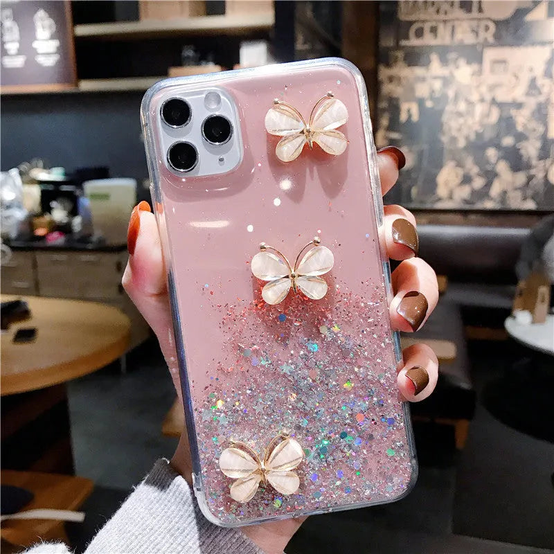 Fashion butterfly glitter starry sky TPU phone case with drop protection, transparent pink back cover for iPhone