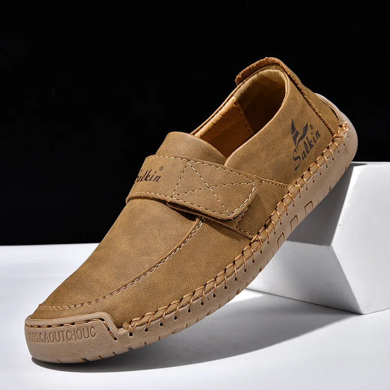Autumn leisure hand-stitched PU leather shoes with Velcro fastening in rose red, flat heel