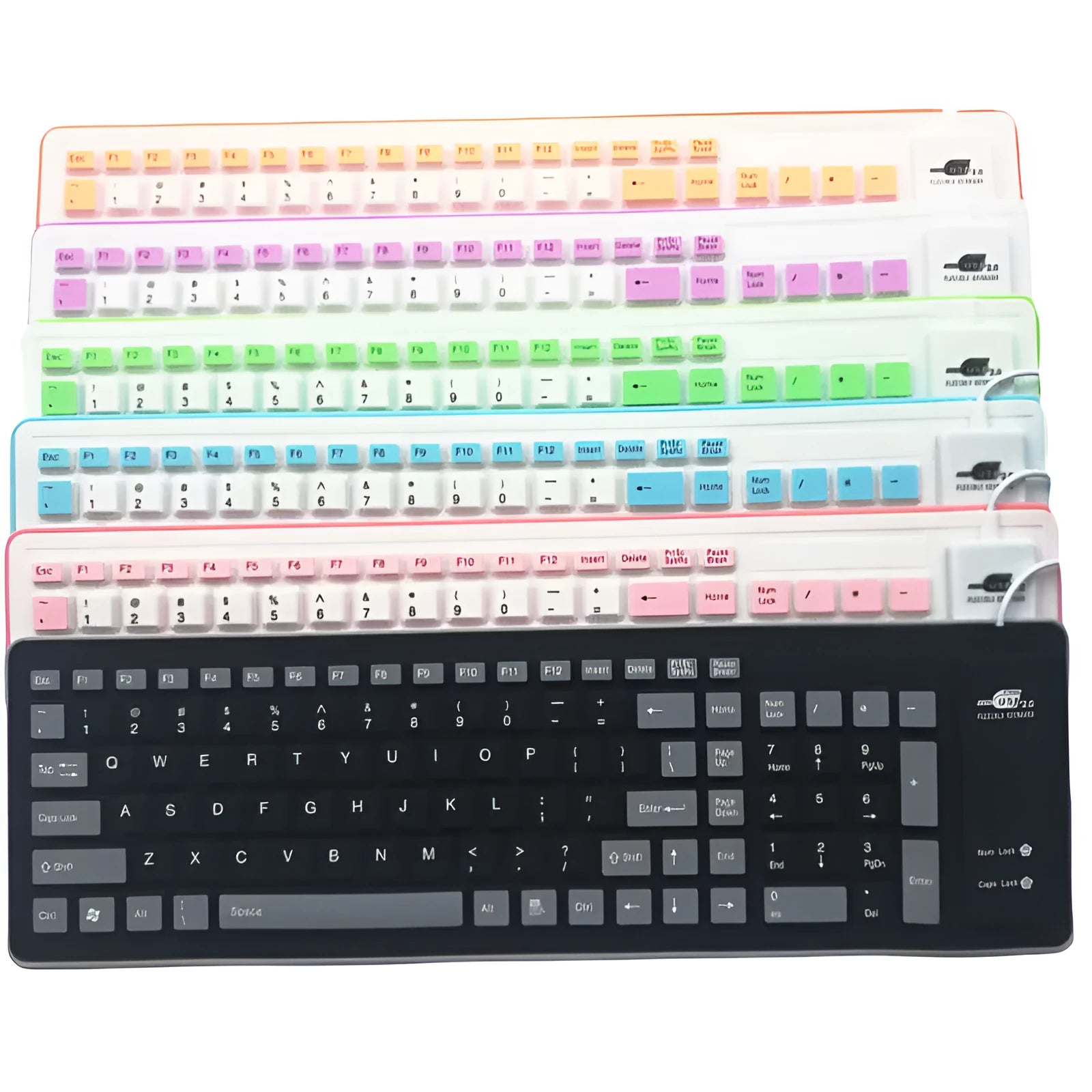 Folding silicone keyboard in pink with USB cable, placed on a desk