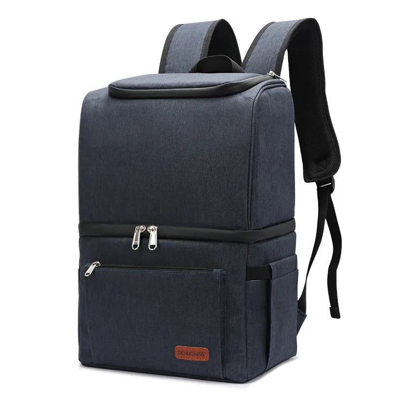 Blue insulated backpack with double-layer construction and waterproof Oxford cloth material