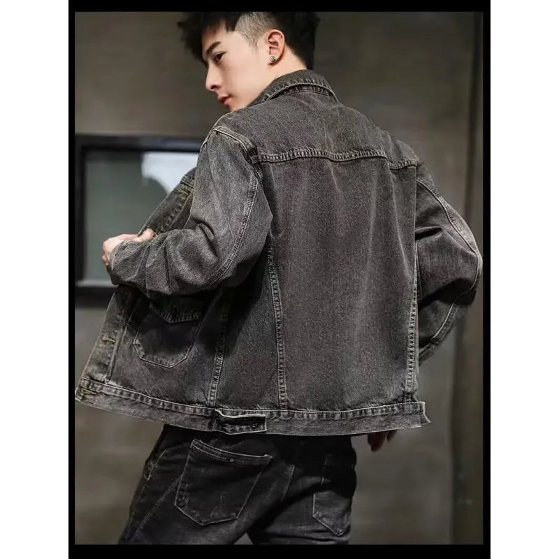 Smoky gray denim short jacket with black and gray colour option, straight hem, and side pockets in Korean style