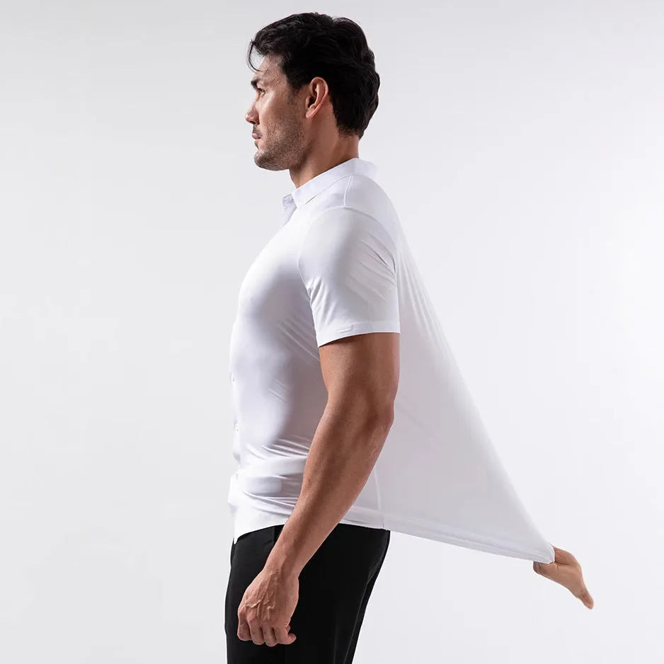Men's short sleeve shirt in navy blue, four-side elastic non-iron fabric, cardigan style with collar and buttons