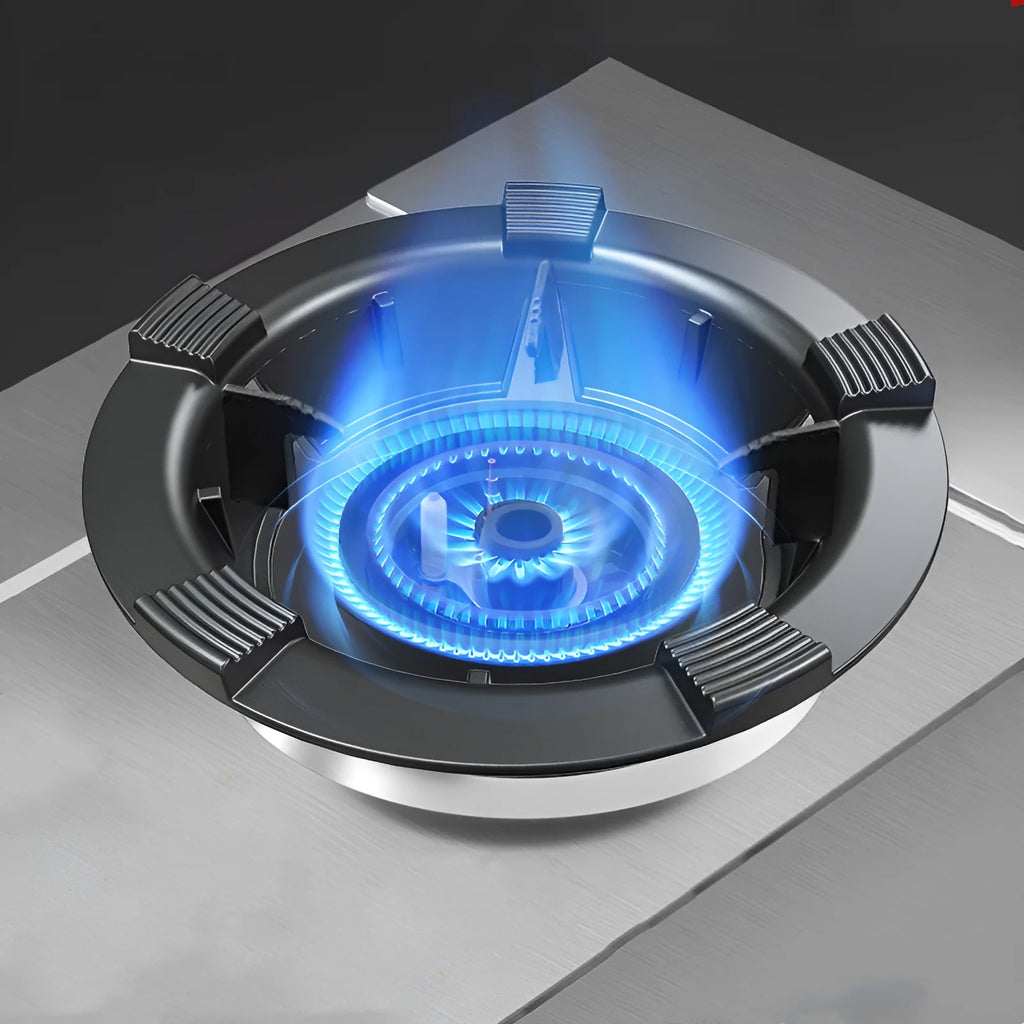 Cast iron gas stove wind shield on burner with frying pan above, non-slip kitchen accessory