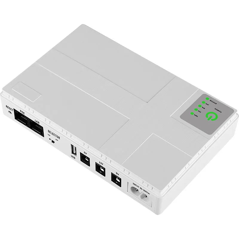 Black miniUPS for router backup with 8800mAh capacity and compact 160x105x33mm size