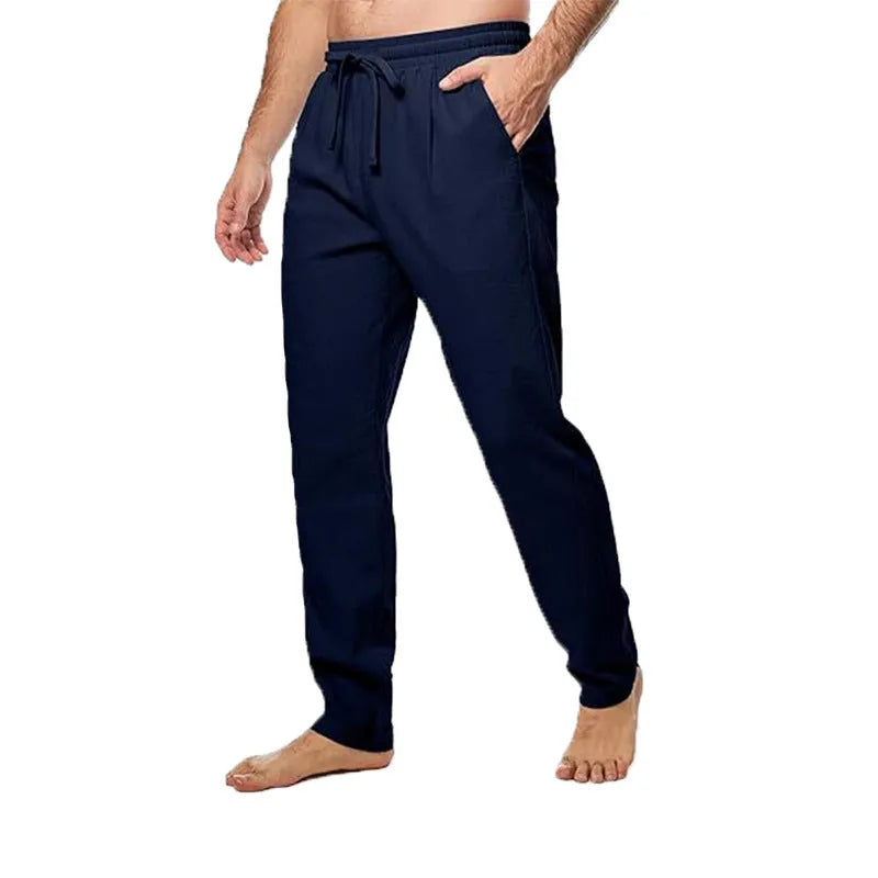 Men's cotton and linen blend loose drawstring straight leg summer trousers in khaki