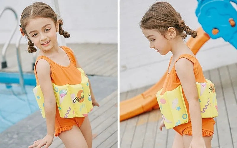Yellow graffiti children's buoyancy one-piece swimsuit with built-in life jacket and anti-rollover design
