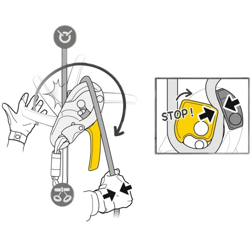 Petzl D021 RIG industrial rescue descender AUTO-LOCK black with rope installed and ergonomic handle visible