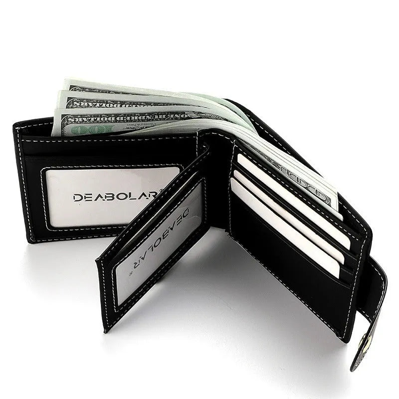 Men's black PU leather wallet with animal print pattern showing multiple card slots and zipper closure