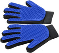 Blue silicone pet grooming glove with 255 fingertips for removing hair from dogs and cats.