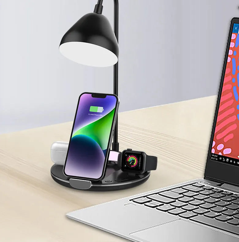 Black magnetic folding wireless charger unfolded in stand position charging iPhone