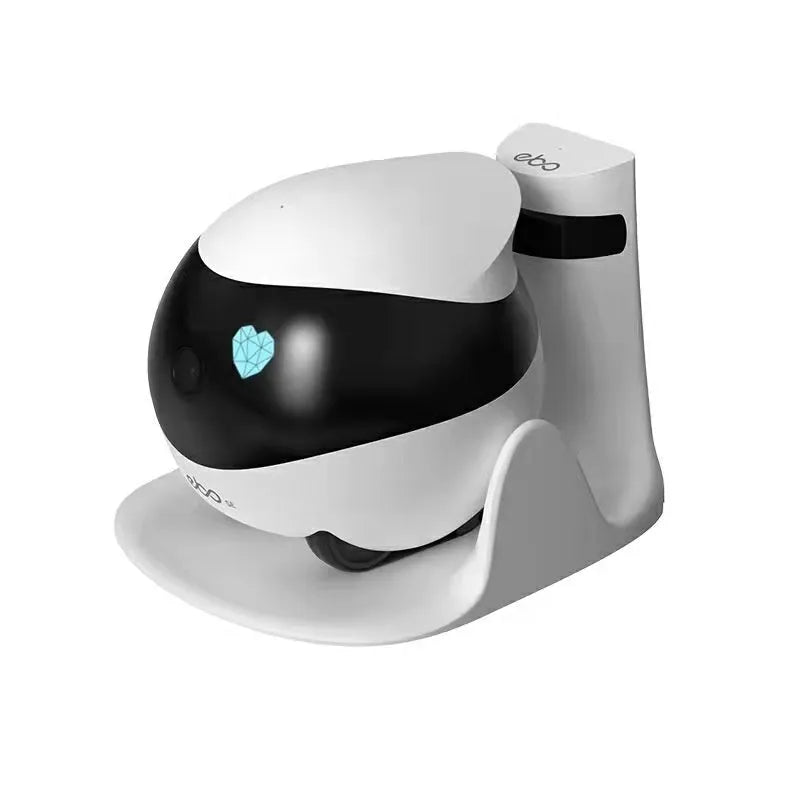 White smart home mobile surveillance robot camera on charging dock