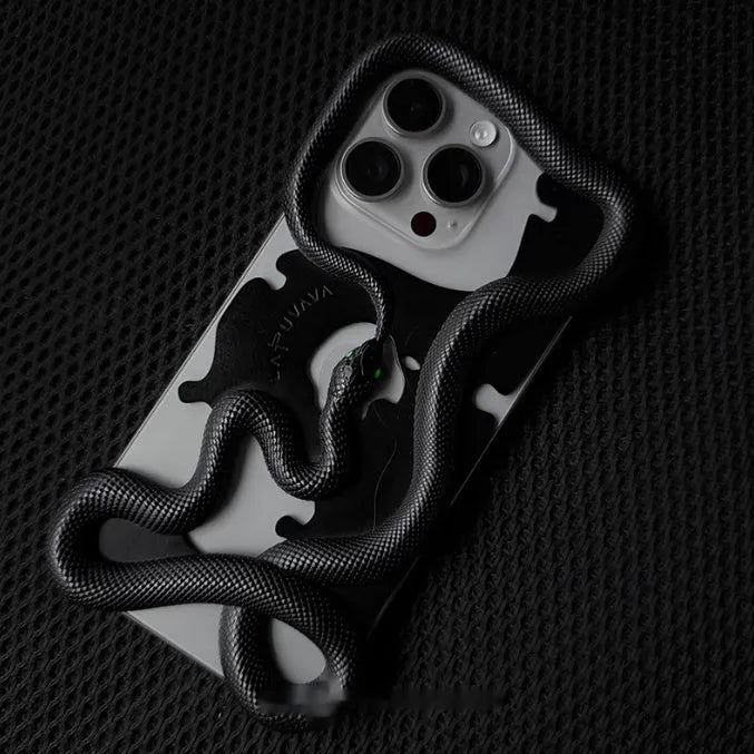 Tailed snake hollowed-out decorative phone case in black stone pattern for iPhone