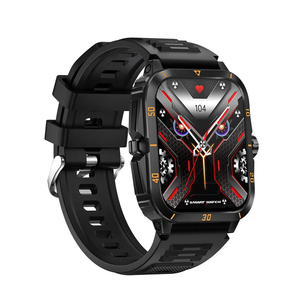 Black outdoor sports smart watch with Bluetooth calling, TFT screen, and silicone strap
