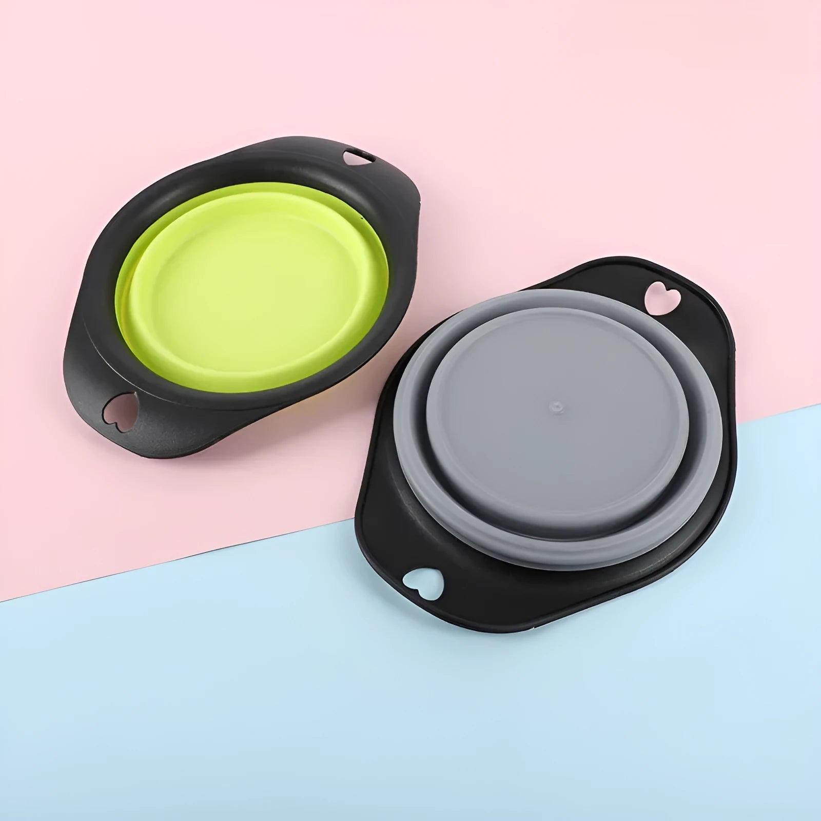 Silicone folding pet bowl in collapsed and open state for outdoor use, available in black and green