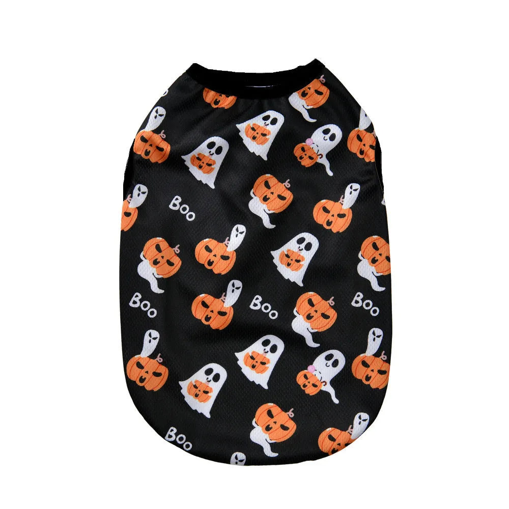 Polyester Halloween pet costume showing pumpkin and ghost prints on a dog or cat in size M