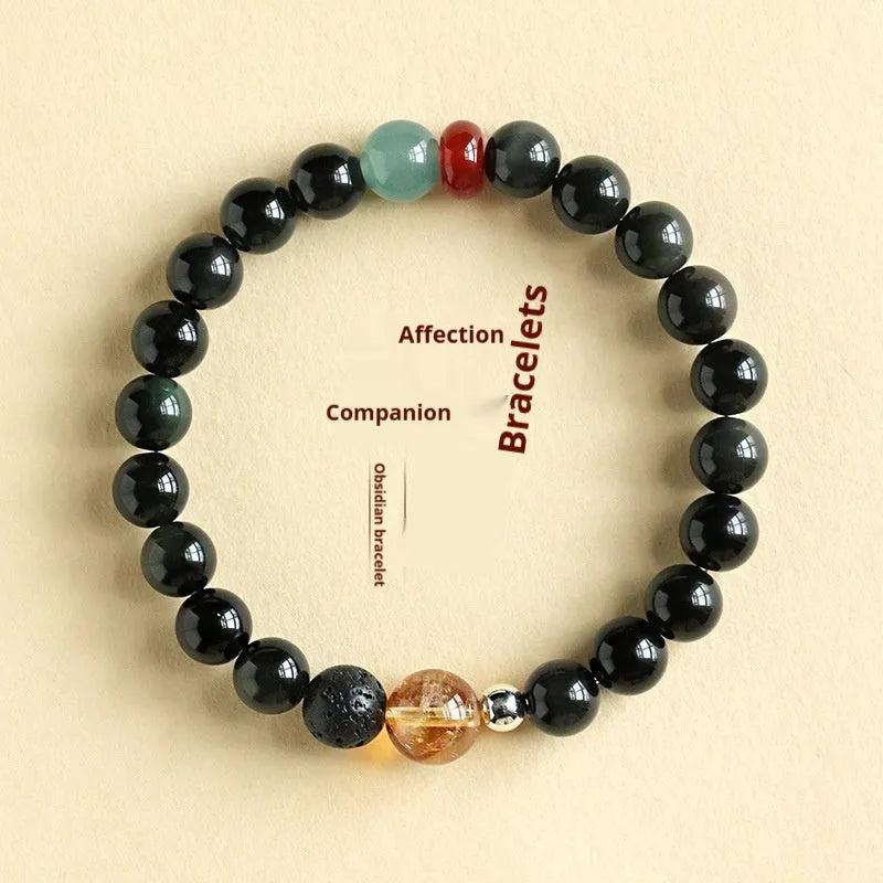 Chinese-style natural stone couple bracelet with obsidian, yellow tower crystal, agate, and jade beads.