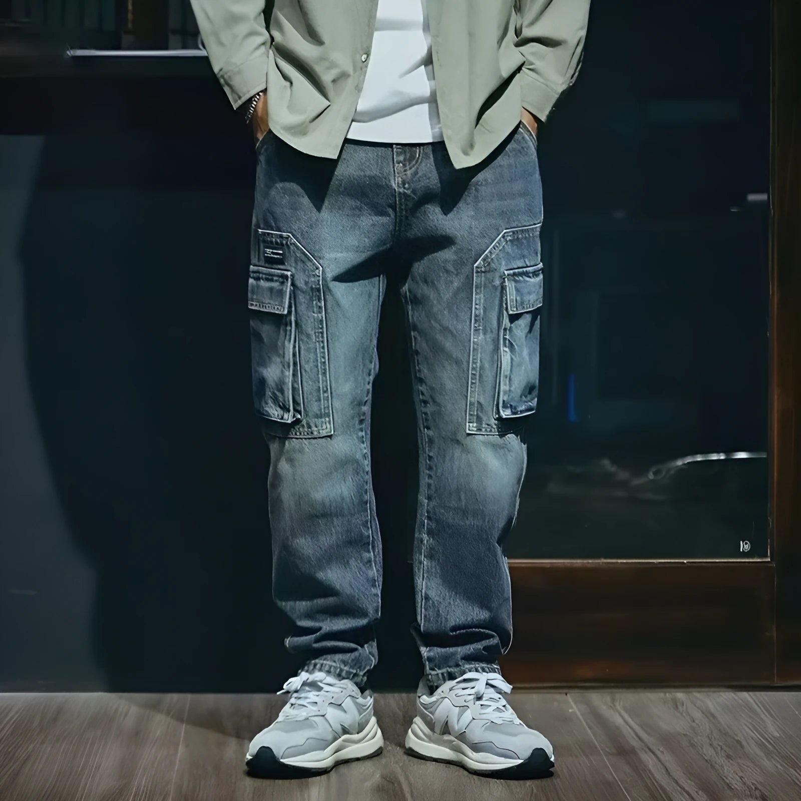Blue men's loose straight-leg stretch denim trousers on a hanger, showing zip fly placket detail.
