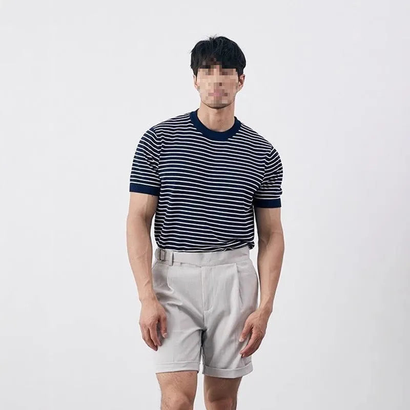 Men's high-grade casual striped round neck knitted T-shirt in green, blue, brown; short sleeve summer top Harajuku style