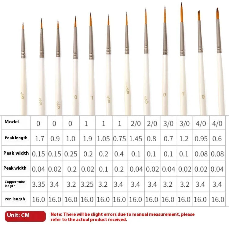 Set of 12 pearl white artists' brushes in a solid wood holder, sizes from 0 to 4/0 for watercolour and acrylic painting.