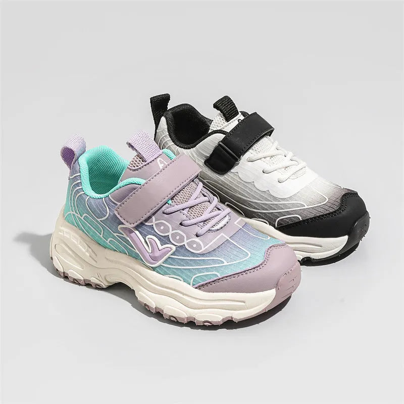 Children's black and purple striped lace-up dad shoes with mesh fabric upper and rubber sole