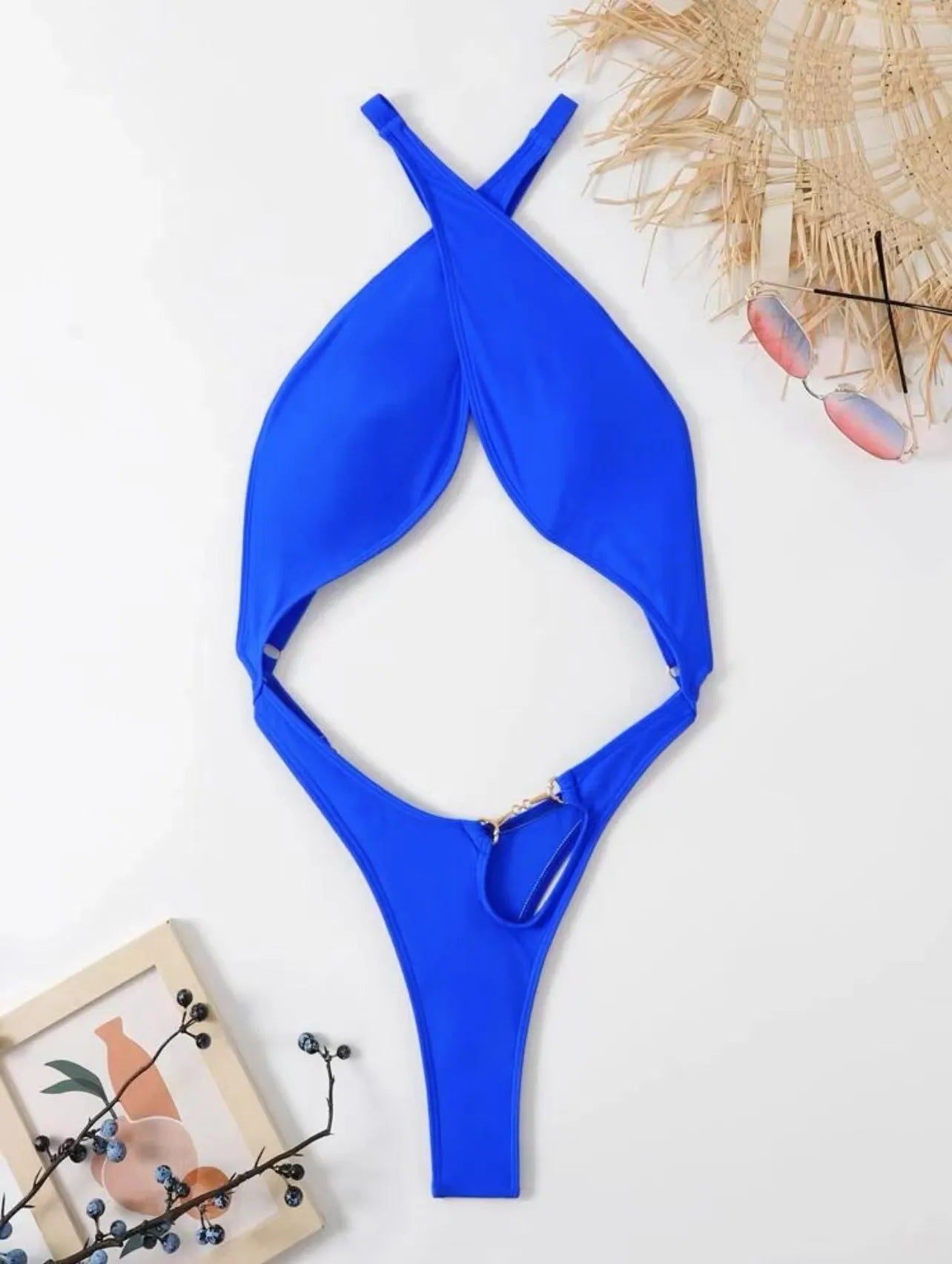 Solid blue or black women's one-piece swimsuit bikini on a mannequin.