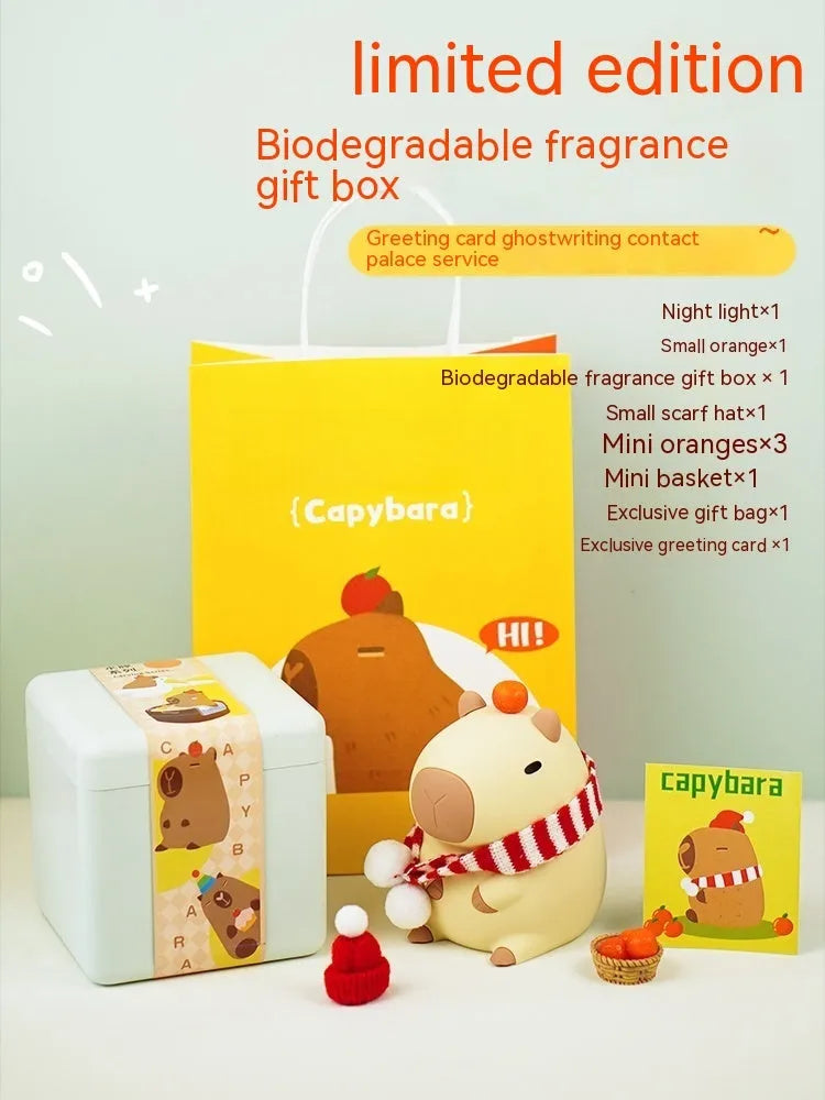 Cute brown Capybara silicone night lamp with soft glow on a bedside table.