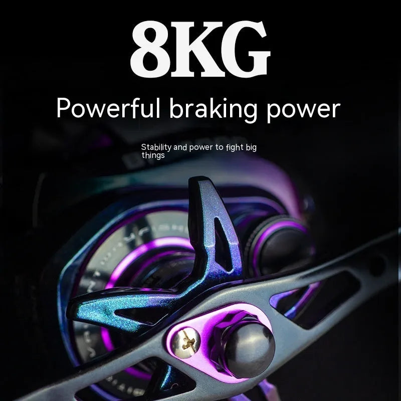 Colourful BM2000 fishing reel with magnetic brake system, shown in left-hand and right-hand retrieve options.
