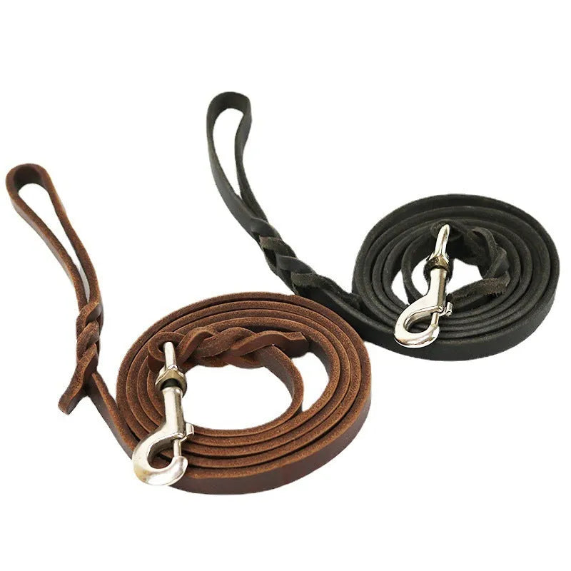 Cowhide leather dog lead rope for medium to large breeds showing thickened hand grip section