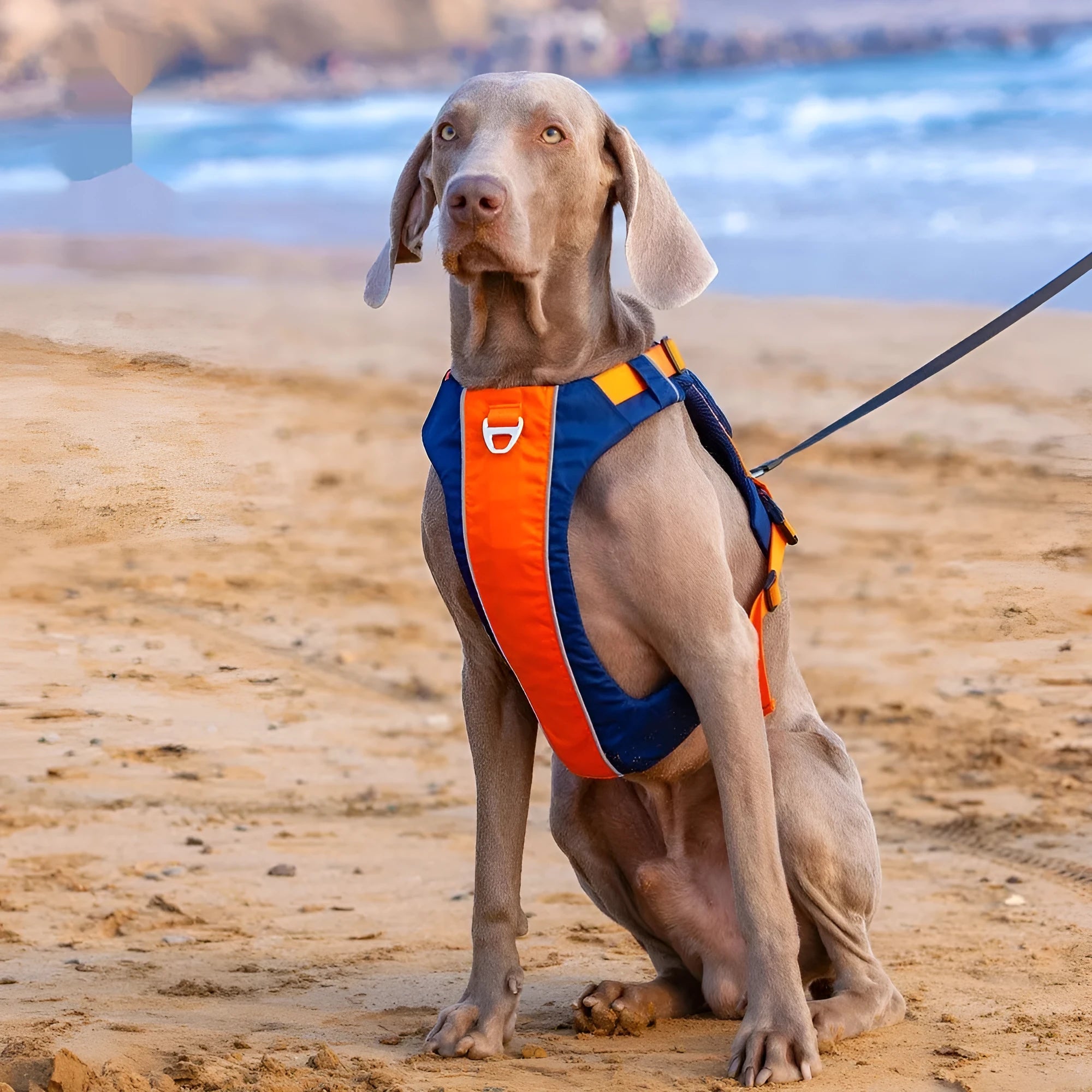 Nylon dog chest strap vest in orange-blue colour with adjustable sizing for different breeds