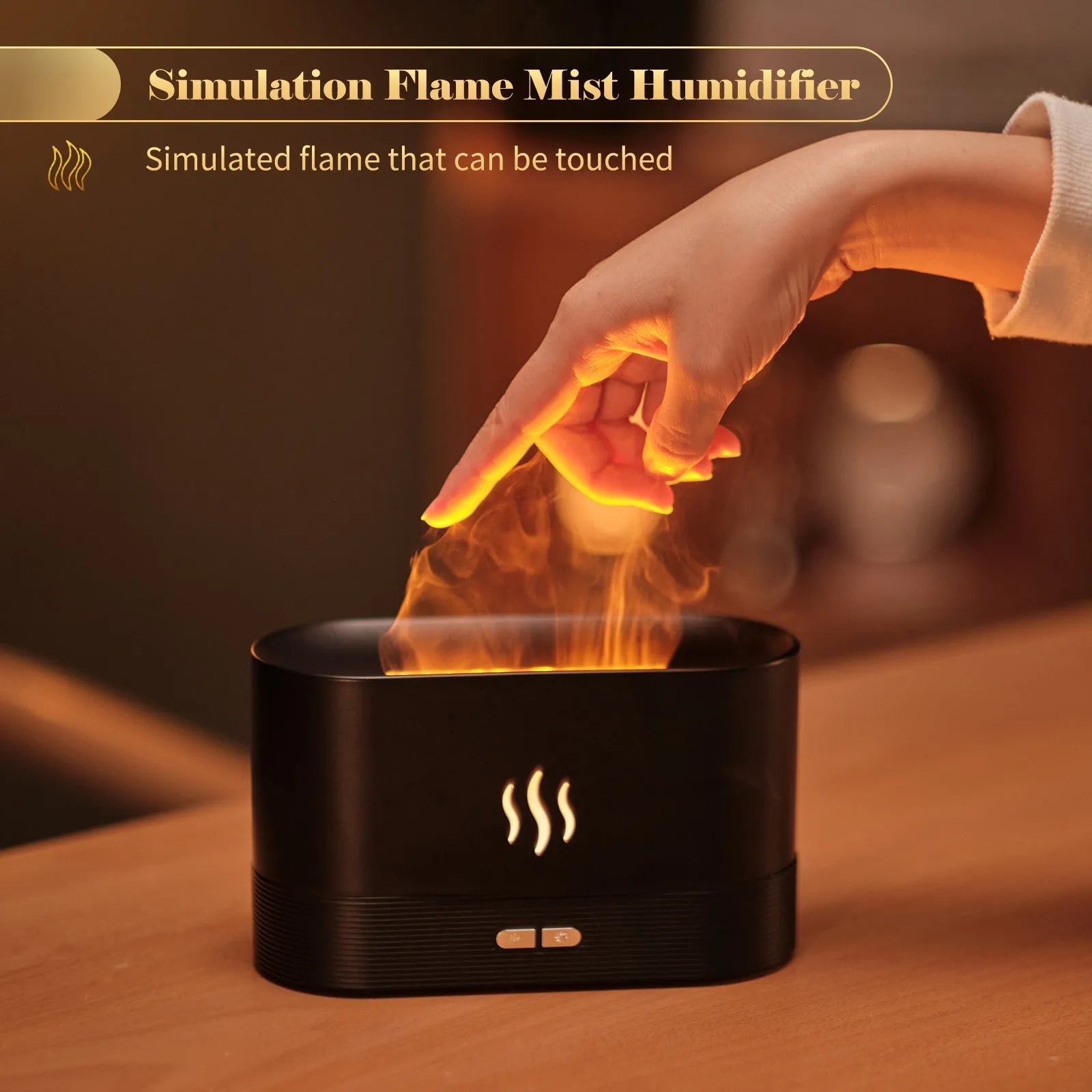 Square black ultrasonic aroma diffuser with flame light effect and mist output