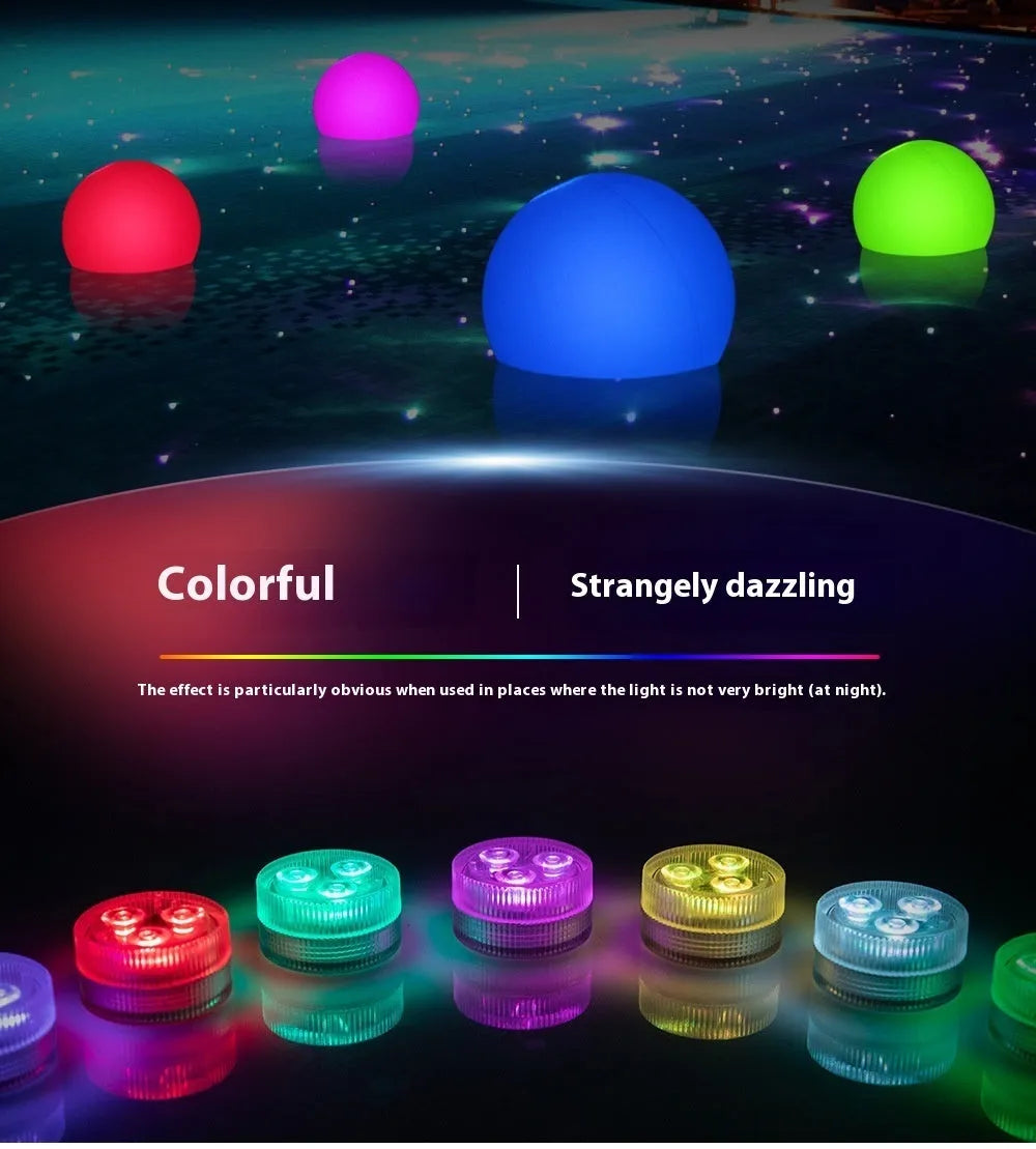 Small round remote control LED diving light for aquarium next to its multi-button remote on a table.
