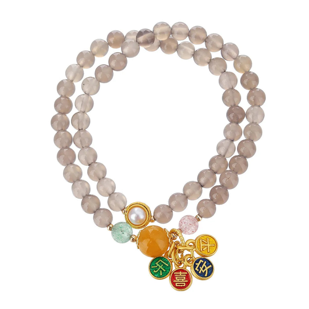 Natural gray agate bracelet with two-circle retro design, handmade DIY, women's accessory