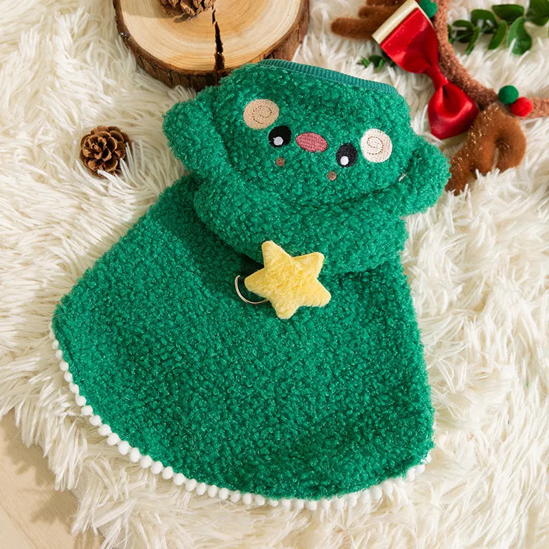 Green granular velvet Christmas pet cape with Christmas tree hat and D-ring on a cat