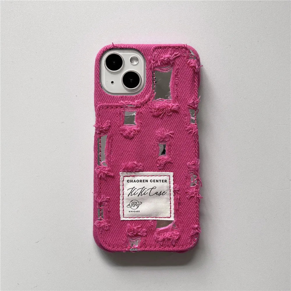Mirror hole denim TPU phone case with rhinestone animal pattern for iPhone, back cover in rose red